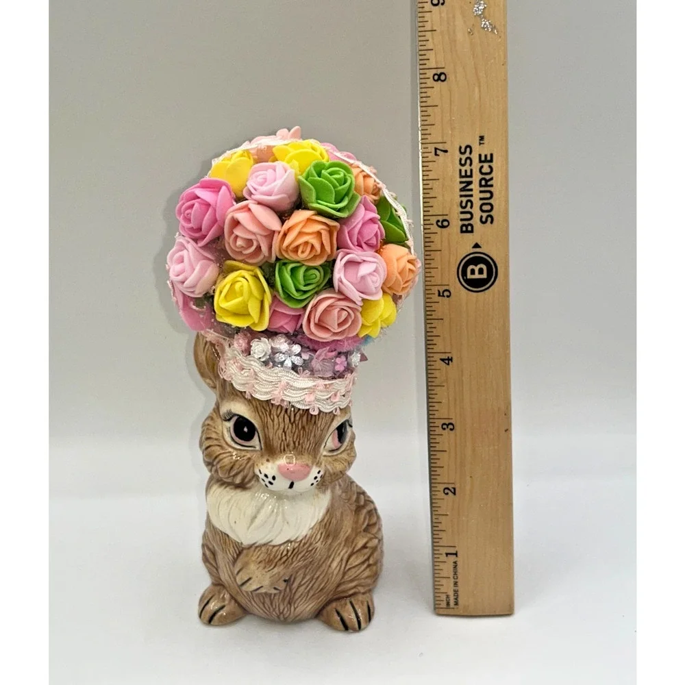 Vintage Ceramic Pretty Bunny Spring Bunny Floral Flower Hat Deb O. Original OOAK - Picture 16 of 16